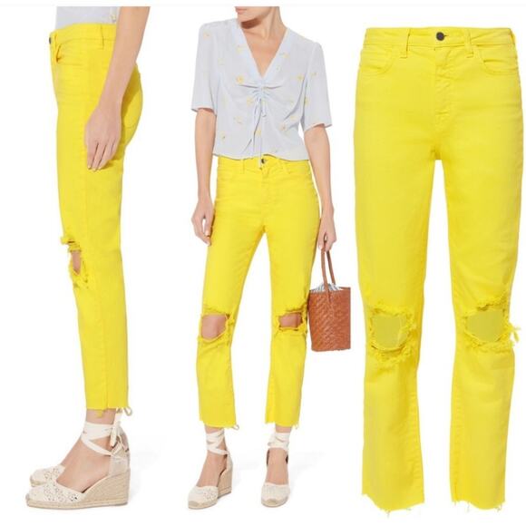 L'AGENCE Audrina Distressed Neon Yellow Jeans Size 25 Bright Yellow Raw Hem High - Picture 1 of 13